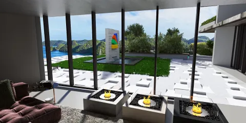 modern living room with panoramic ocean view featuring indoor fire pits and a contemporary art piece, designed for an open space with a focus on luxury indoor comfort, utilizing Homestyler's real-time 3D rendering for design proposal visualization.