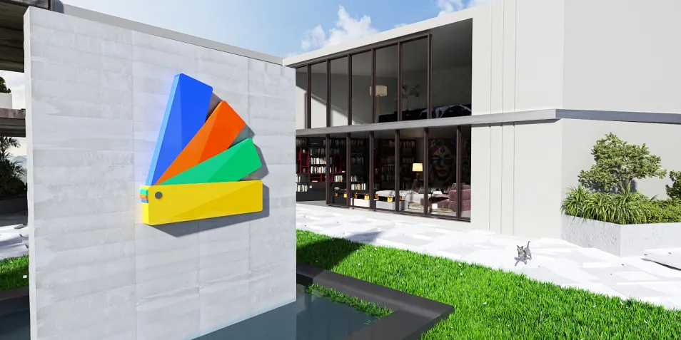 Colorful logo display alongside a modern architectural exterior showcasing a contemporary living space with lush greenery. This image illustrates exterior design concepts and highlights Homestyler's real-time 3D rendering feature for effective design presentation.