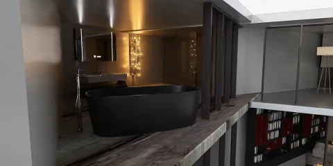 A modern black bathtub placed in a stylish open space design, showcasing an elegant and minimalist approach to interior decor; featuring Homestyler's real-time 3D rendering functionality for stunning visual previews.