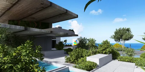 modern architecture featuring a poolside lounge area with a stunning ocean view, showcasing outdoor landscaping in a minimalist style, utilizing Homestyler's real-time 3D rendering for rapid design visualization.