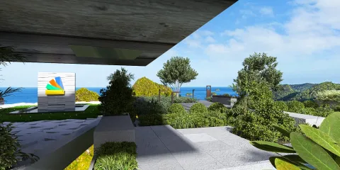 outdoor landscape design showcasing lush greenery and modern architecture with a beautiful ocean backdrop, emphasizing Homestyler’s real-time 3D rendering feature for effective visualization.