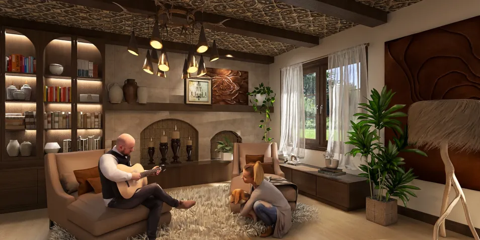 a cozy living room featuring a man playing guitar, warm lighting, modern rustic style, great for family gatherings; designed using Homestyler's real-time 3D rendering feature.