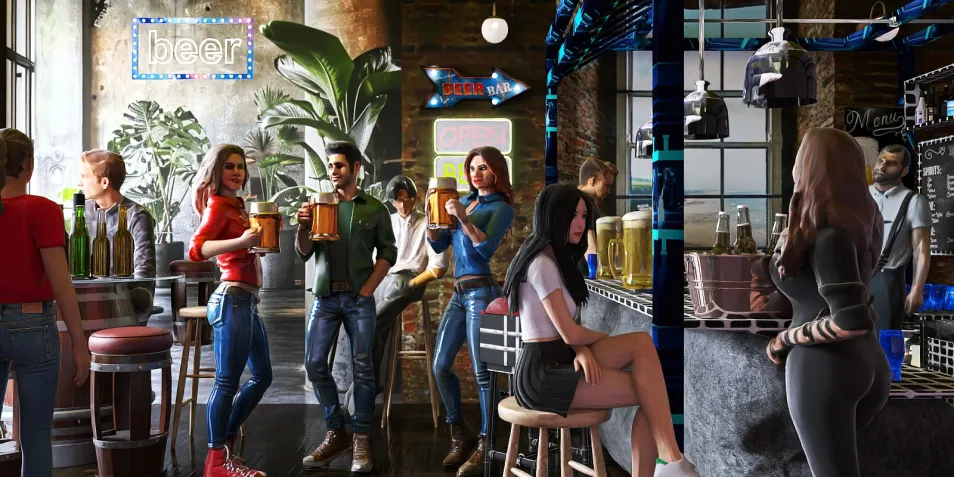 bar interior featuring a lively group of people enjoying drinks and conversation in a rustic design style, showcasing smart furniture arrangement with Homestyler's real-time 3D rendering feature.