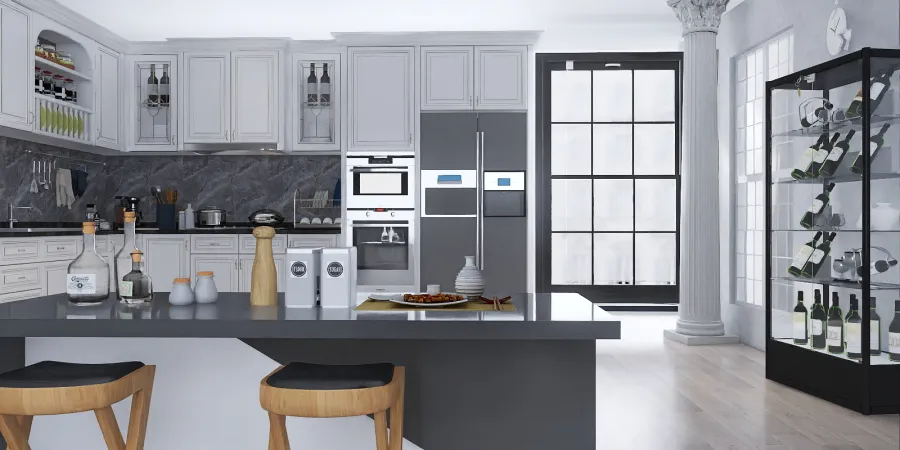 a kitchen with a refrigerator, stove, microwave and a counter top 