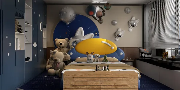 playful bedroom design featuring a space theme with teddy bears and colorful decor, showcasing Homestyler's smart furniture arrangement for optimizing small spaces.