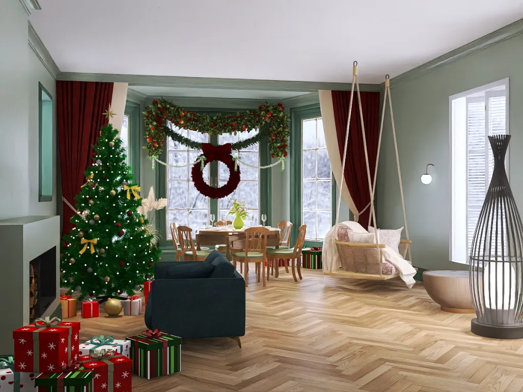 a living room with a christmas tree and a fireplace 