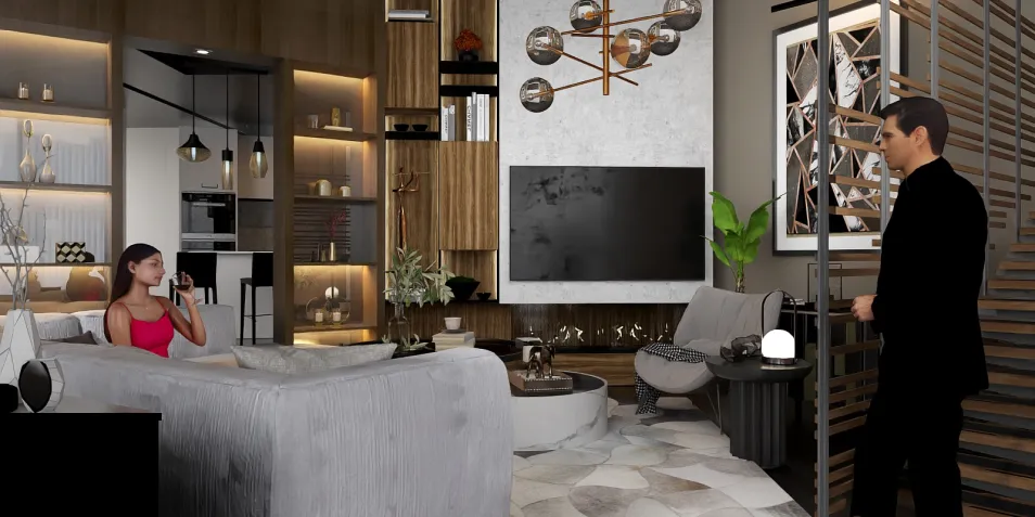 a modern living room featuring a sleek couch and entertainment unit, showcasing a stylish interior design concept; utilizing Homestyler's real-time 3D rendering to visualize the space effectively.