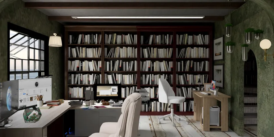 modern office space with bookshelves and ergonomic furniture showcasing an elegant design style, featuring Homestyler's real-time 3D rendering capability for effective interior decor visualization.