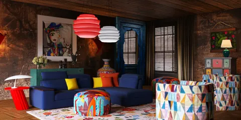 living room with vibrant furniture arrangement using intelligent furniture layout in eclectic style showcasing colorful accents and optimized space efficiency.