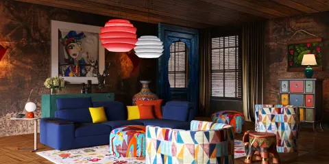 vibrant living room with colorful furniture arranging and modern design showcasing artistic elements, featuring Homestyler's real-time 3D rendering for effective interior decor visualization