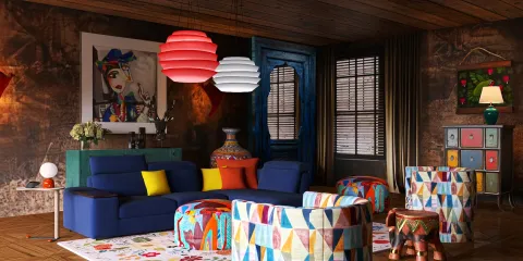 colorful living room with artistic decor and vibrant seating arrangement, showcasing interior design flair, utilizing Homestyler's 3D rendering feature for aesthetic preview.