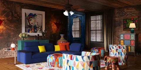 colorful living room featuring vibrant furniture arrangement in an eclectic style, showcasing the interior design keyword 'colorful home decor', utilizing Homestyler's real-time 3D rendering for a realistic preview.