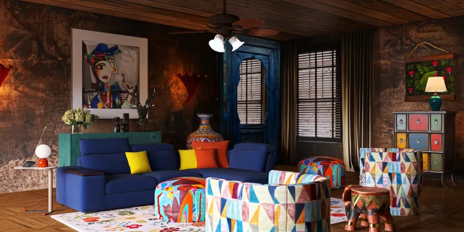 colorful living room featuring vibrant furniture arrangement in an eclectic style, showcasing the interior design keyword 'colorful home decor', utilizing Homestyler's real-time 3D rendering for a realistic preview.