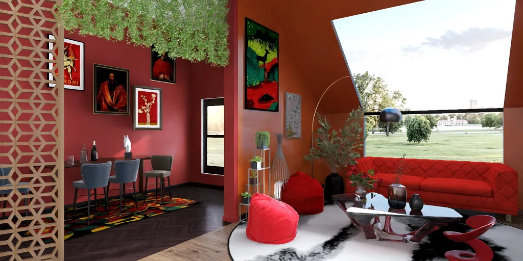 a living room with a red couch and a red chair 