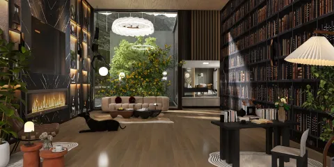 modern living room with bookshelves featuring a cozy seating arrangement and lush indoor trees, showcasing interior decor design with real-time 3D rendering in Homestyler
