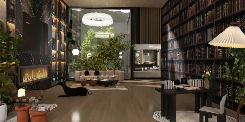 Modern living room design featuring a cozy sofa, bookshelves, and indoor greenery, utilizing Homestyler's real-time 3D rendering for vivid visualization.