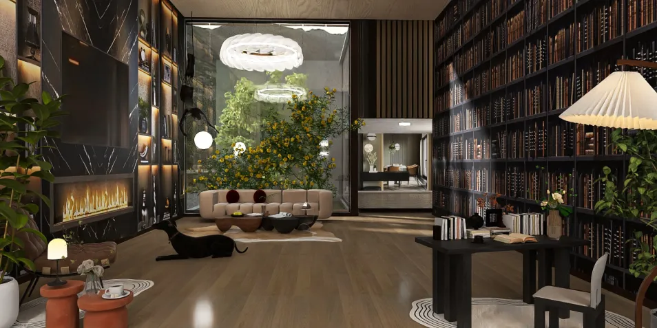 Modern living room design featuring a cozy sofa, bookshelves, and indoor greenery, utilizing Homestyler's real-time 3D rendering for vivid visualization.