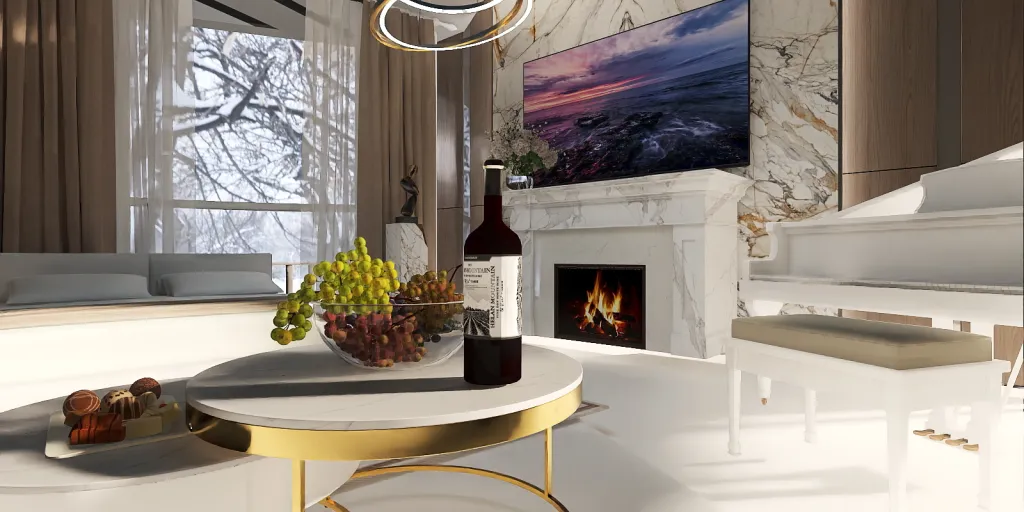 a white table with a white candle and a fireplace 