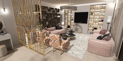 living room with modern furniture arrangement featuring a stylish partition, decorated in bohemian style, showcasing contemporary interior decor; utilizes Homestyler's real-time 3D rendering for design proposal.