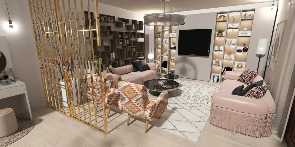 living room with modern furniture arrangement featuring a stylish partition, decorated in bohemian style, showcasing contemporary interior decor; utilizes Homestyler's real-time 3D rendering for design proposal.