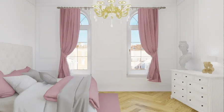 a bedroom with a white bed and a pink dresser 