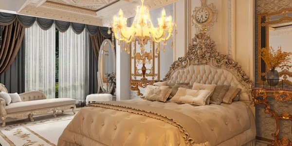 luxurious bedroom with ornate chandelier creating a sophisticated atmosphere, featuring rich detailing and elegant furnishings, showcasing interior design with Homestyler's real-time 3D rendering feature.