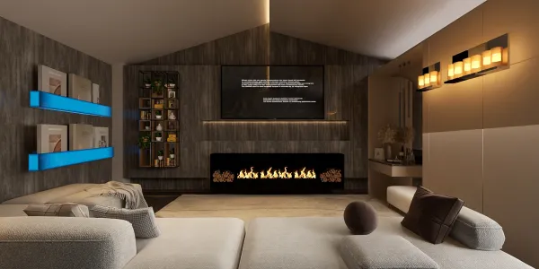 modern living room with cozy sectional sofa and sleek fireplace design featuring dark textured walls and stylish lighting elements, showcasing interior decoration ideas with Homestyler's real-time 3D rendering feature.