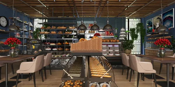 bakeshop interior design featuring intelligent furniture arrangement in a modern style enhancing commercial space value, utilizing Homestyler's real-time 3D rendering.