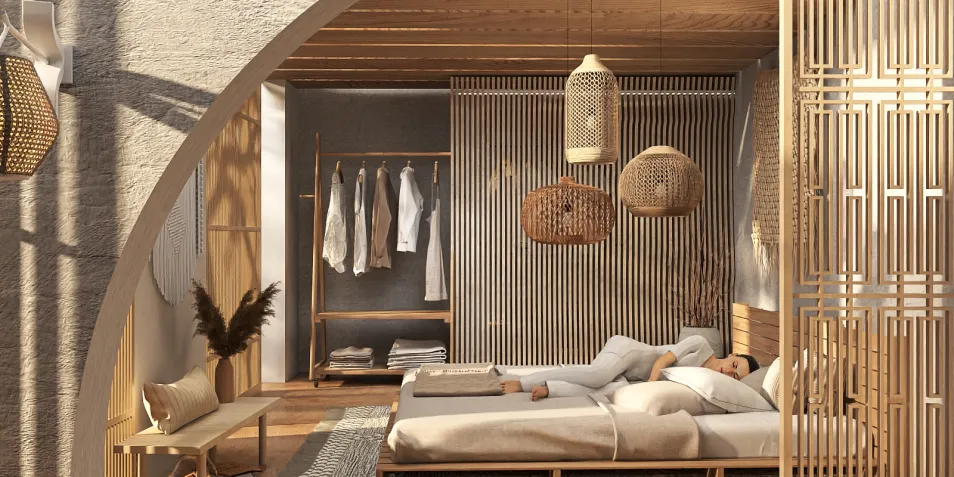 wooden bedroom decor featuring cozy bedding arrangement and natural lighting with minimalist design elements, enhancing relaxation and comfort, utilizing Homestyler's real-time 3D rendering for accurate visualization