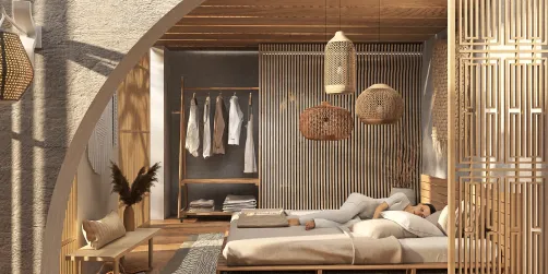 wooden bedroom decor featuring cozy bedding arrangement and natural lighting with minimalist design elements, enhancing relaxation and comfort, utilizing Homestyler's real-time 3D rendering for accurate visualization