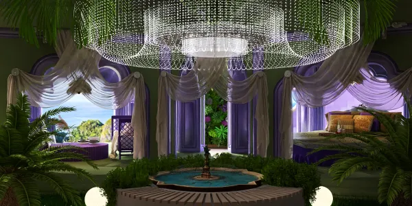 luxurious chandelier centerpieces enhancing elegant indoor garden design with a fountain located in a high-end living space, featuring the Homestyler's real-time 3D rendering functionality