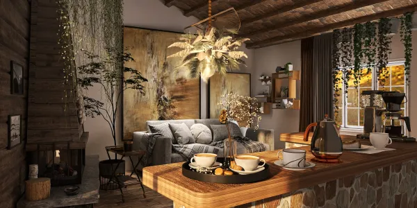 cozy living room featuring a rustic sofa arrangement with artistic decor, in a warm and inviting style, showcasing an interior design concept with Homestyler's real-time 3D rendering feature.