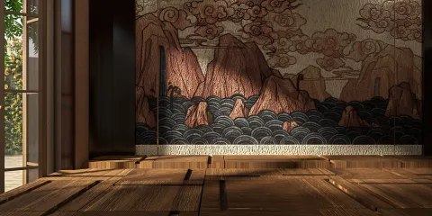 Interior design featuring a mountain and wave mural, showcasing a contemporary style, enhancing the visual appeal of the space using Homestyler's material library for surface textures.