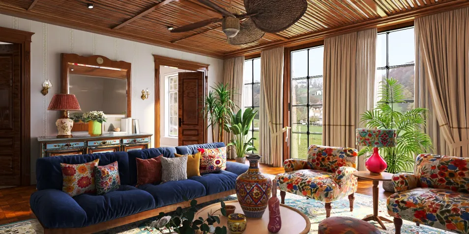 Colorful sofa arrangement with vibrant cushions in a rustic living room design, enhancing comfort and inviting ambiance, featuring Homestyler's real-time 3D rendering capabilities.