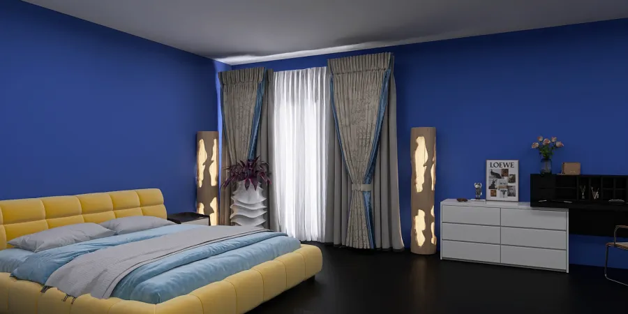 a bedroom with a bed, a chair, and a window 