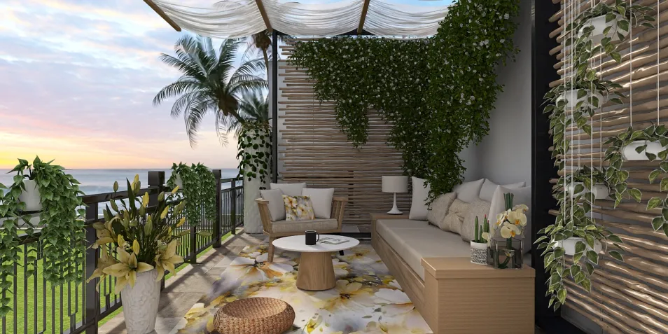 outdoor balcony area with cozy seating and lush greenery, creating a serene atmosphere for relaxation, featuring interior decorating elements; showcasing Homestyler's real-time 3D rendering