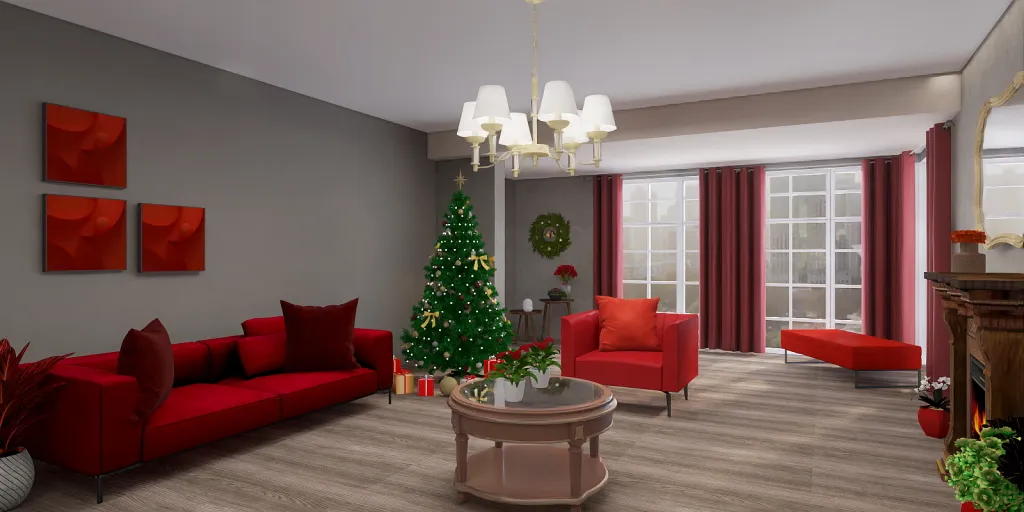 a living room with a christmas tree and a red couch 