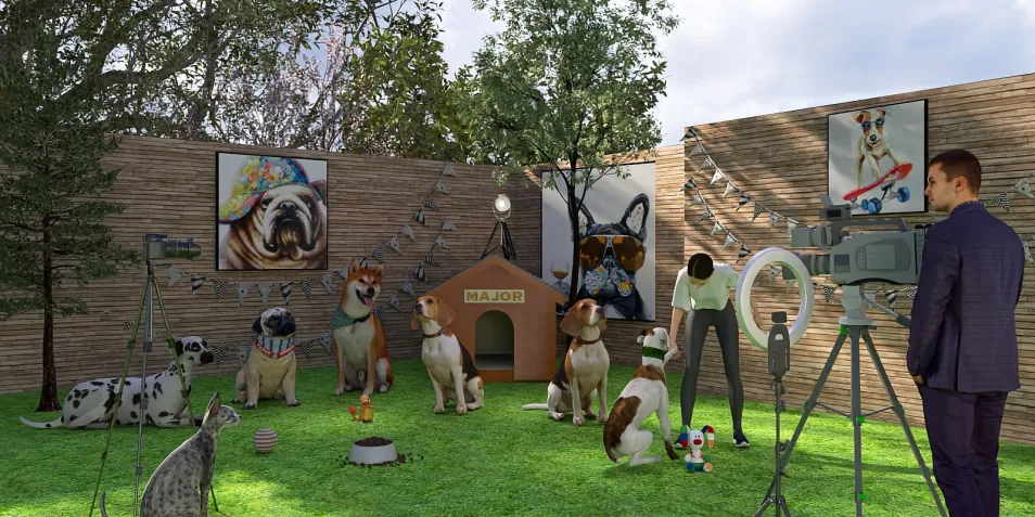 outdoor pet photography setup with various dog breeds posing and playing, featuring a dog house and backdrop artwork, showcasing a lively atmosphere for pet lovers, utilizing Homestyler's real-time 3D rendering feature for detailed design preview.