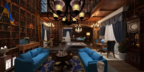 Elegant living room with a cozy atmosphere featuring blue sofas arranged around a centerpiece coffee table, designed in a classic style, showcasing a rich library backdrop and intricate woodwork, using Homestyler's real-time 3D rendering feature.