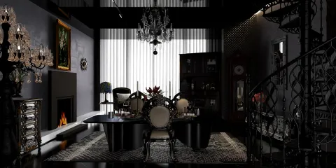 luxurious dining room featuring elegant furniture arrangement in a modern gothic style, showcasing interior design with Homestyler's real-time 3D rendering.