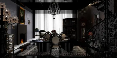 luxurious dining room design featuring elegant chandelier and intricate decor showcasing modern black and gold style, using Homestyler's real-time 3D rendering feature for design preview.