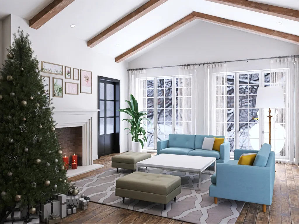 a living room with a christmas tree and a fireplace 