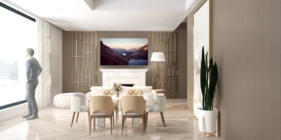 a living room with a large screen tv and a large painting 