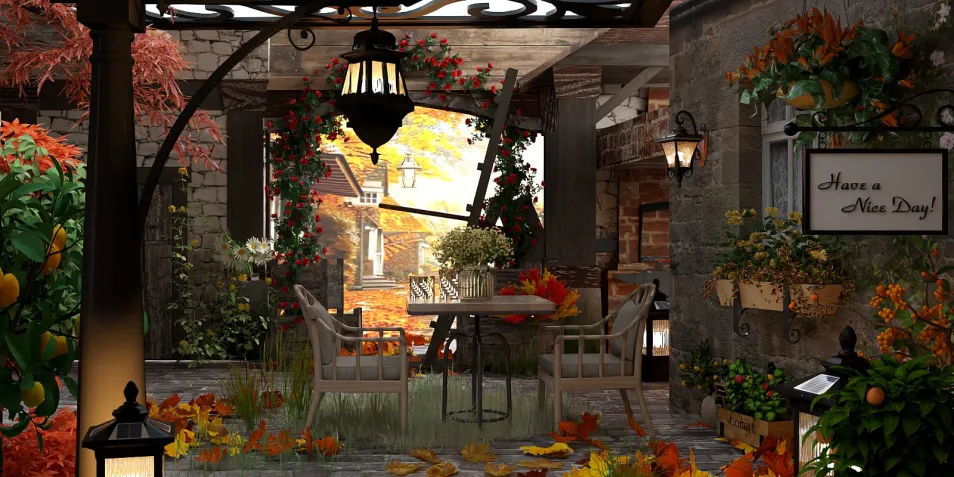 outdoor patio with autumn decor featuring a table and chairs surrounded by colorful leaves and plants, designed with a rustic style for a cozy atmosphere, showcasing Homestyler's real-time 3D rendering feature.