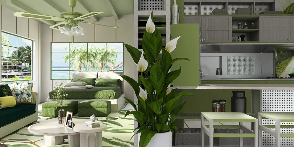 A cozy living room featuring a green-themed interior design with a modern layout, showcasing smart furniture arrangement for optimal small space utilization, utilizing Homestyler's real-time 3D rendering.