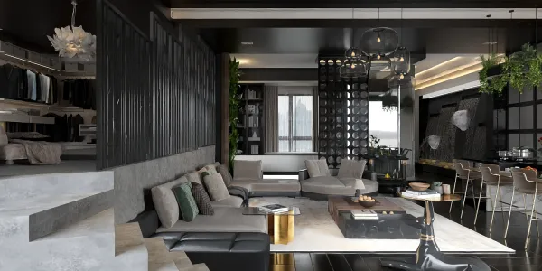 modern living room design featuring a sleek layout and stylish furnishings, utilizing Homestyler's real-time 3D rendering for a realistic preview