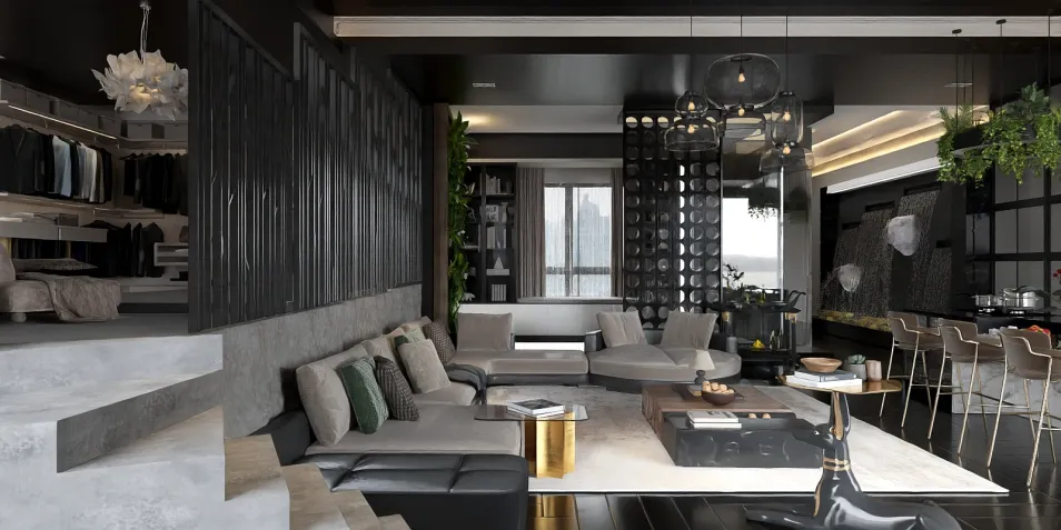 modern living room design featuring a sleek layout and stylish furnishings, utilizing Homestyler's real-time 3D rendering for a realistic preview