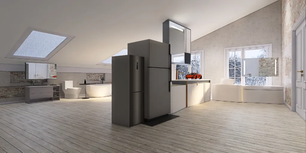 a kitchen with a refrigerator, sink, and a tv 
