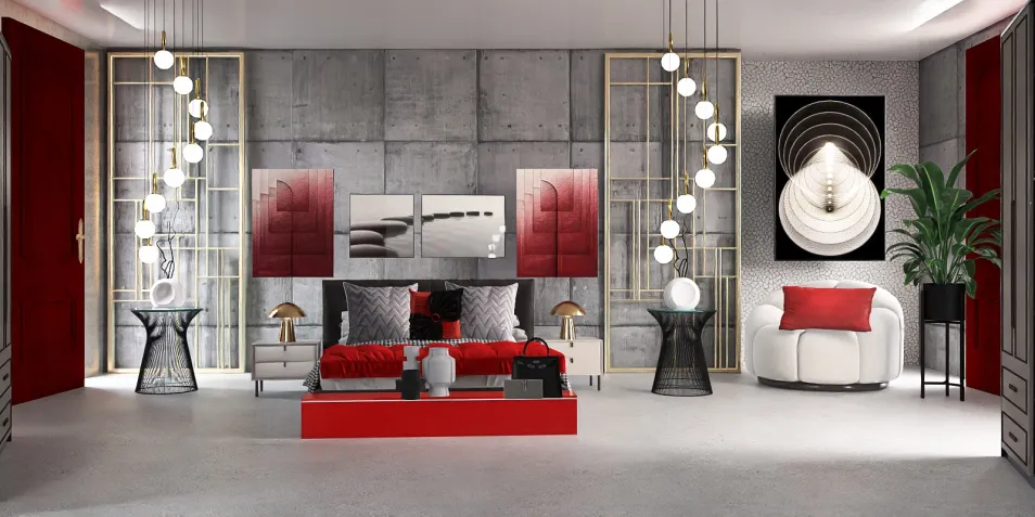 modern living room showcasing bold red accents with sleek furniture arrangement in a contemporary style, emphasizing interior decor with Homestyler's real-time 3D rendering feature.