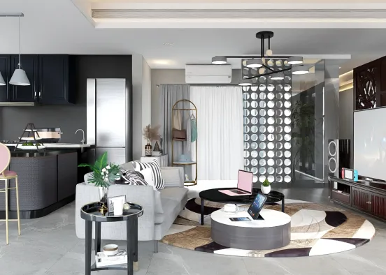 Black and white living room and kitchen Design Rendering